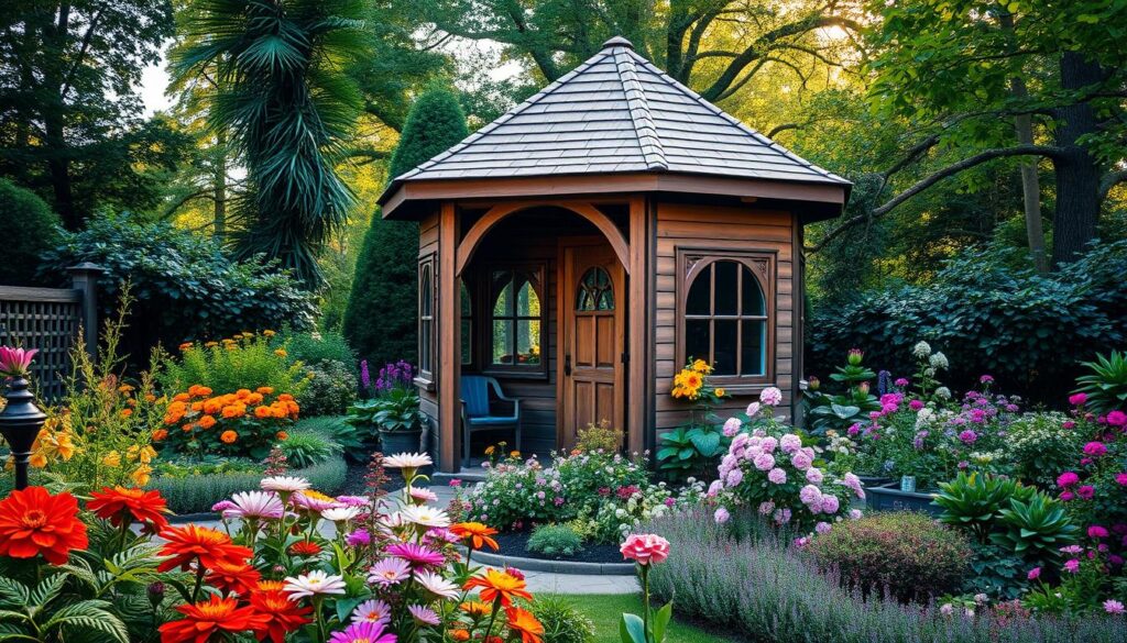 5-Eck Gartenhaus aus Holz in malerischer Gartenumgebung