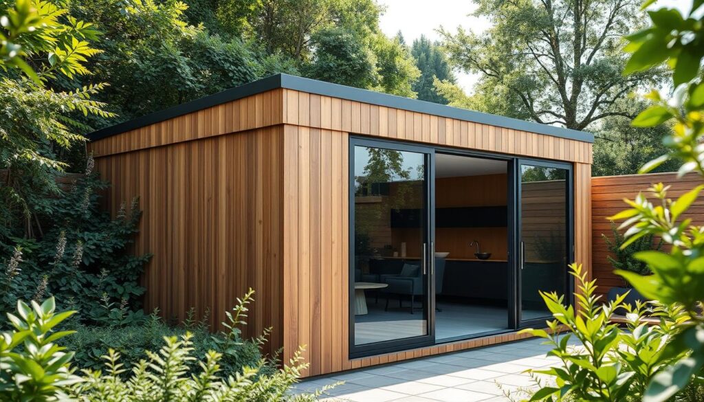 Moderne Gartenhütte mit Schiebetüren